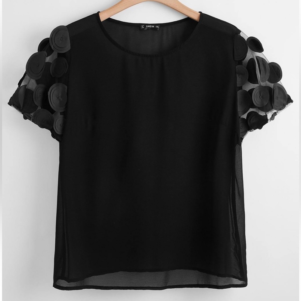 SHEIN Black Appliqué Mesh Short Sleeve Sheer Blouse Size XS